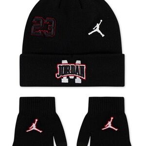 Jordan Kids Black Beanie and Gloves Set with Red Accents